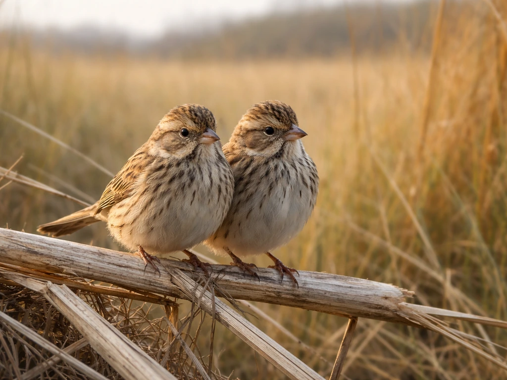 Two small streaky sparrow-like buntings perched together in open grassy countryside.