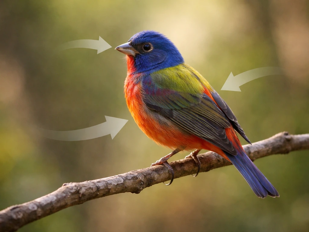 Close-up of a bunting on a twig with subtle arrows pointing to head, back/rump, and wing/breast marks.