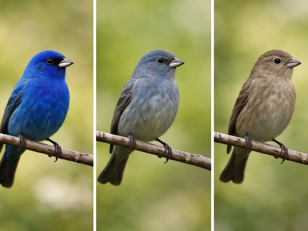 Triptych of indigo bunting plumage: vivid breeding male, muted male, and cryptic female.