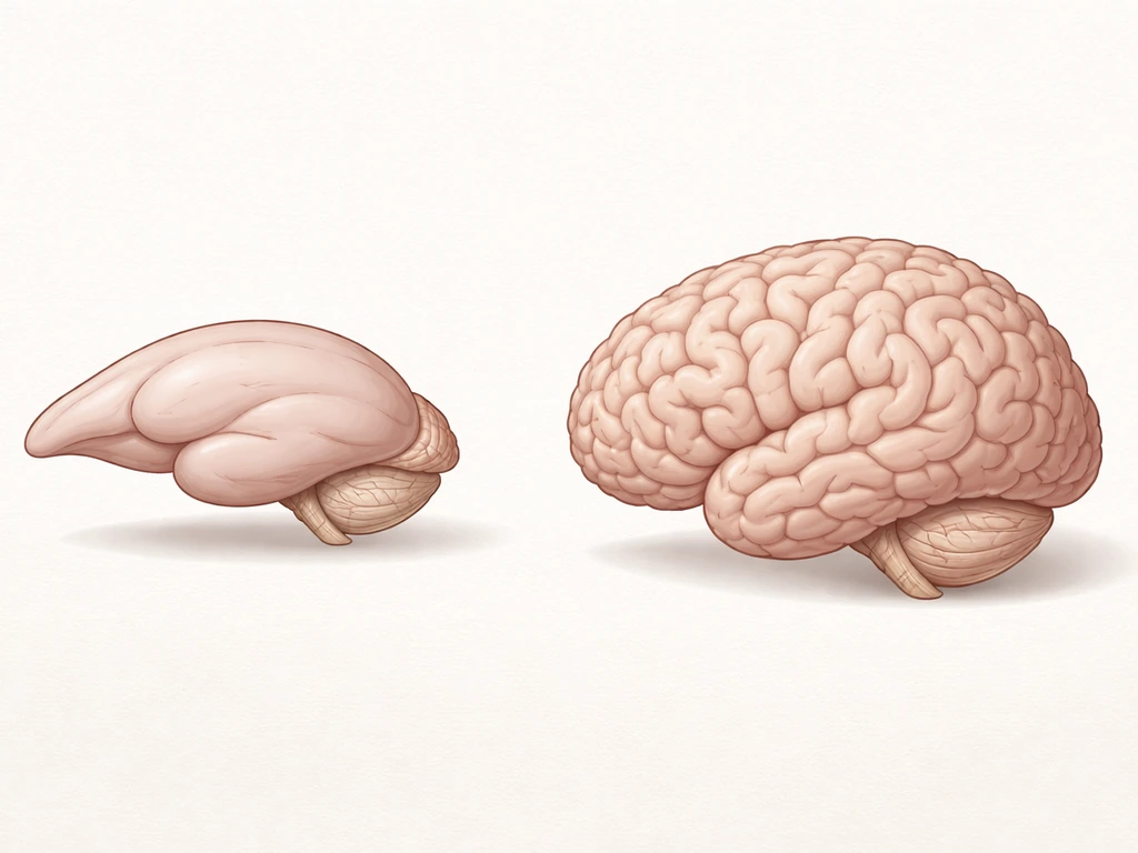 Side-by-side simplified bird and mammal brain diagrams showing compact vs folded textures.
