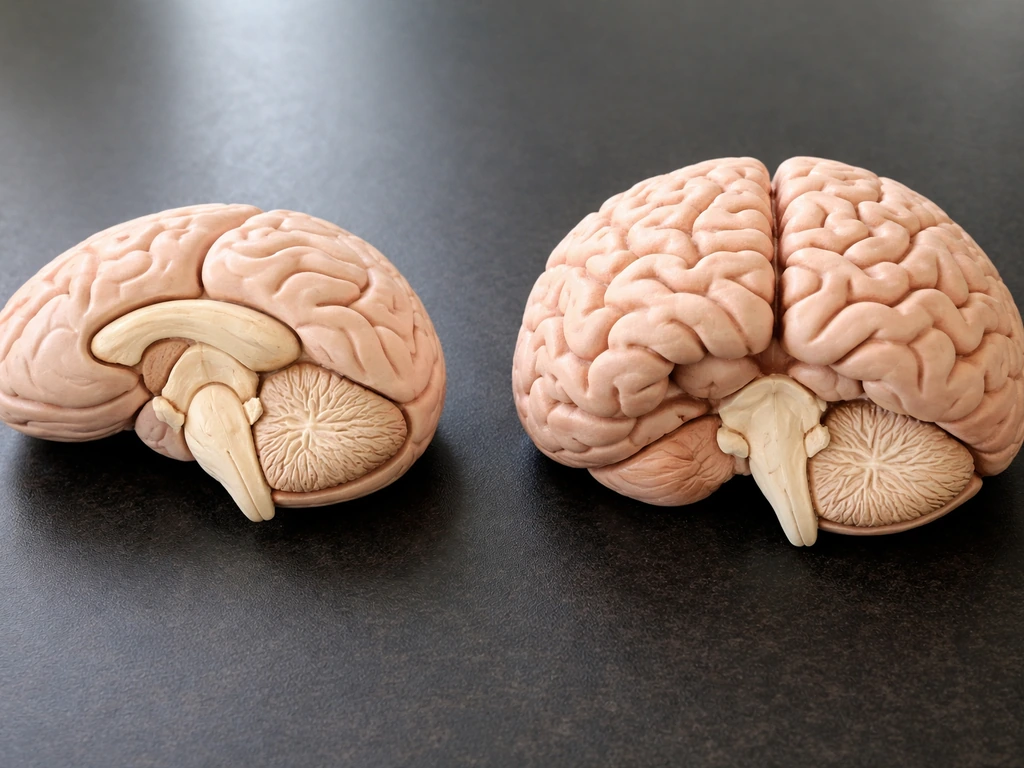 Side-by-side close-up of a smoother bird brain and a more textured mammal brain cross-section.