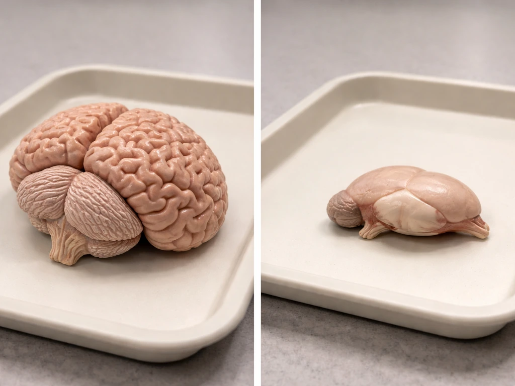 Side-by-side lab photo showing a mistaken cerebellum-for-whole-brain view on the left and a correct bird brain view on t