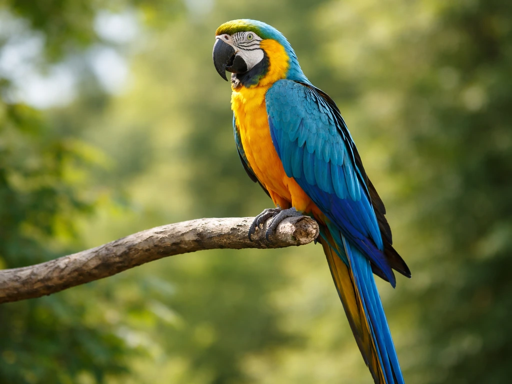Close-up of a colorful macaw perched outdoors, showing hooked beak, bare facial patch, and long pointed tail