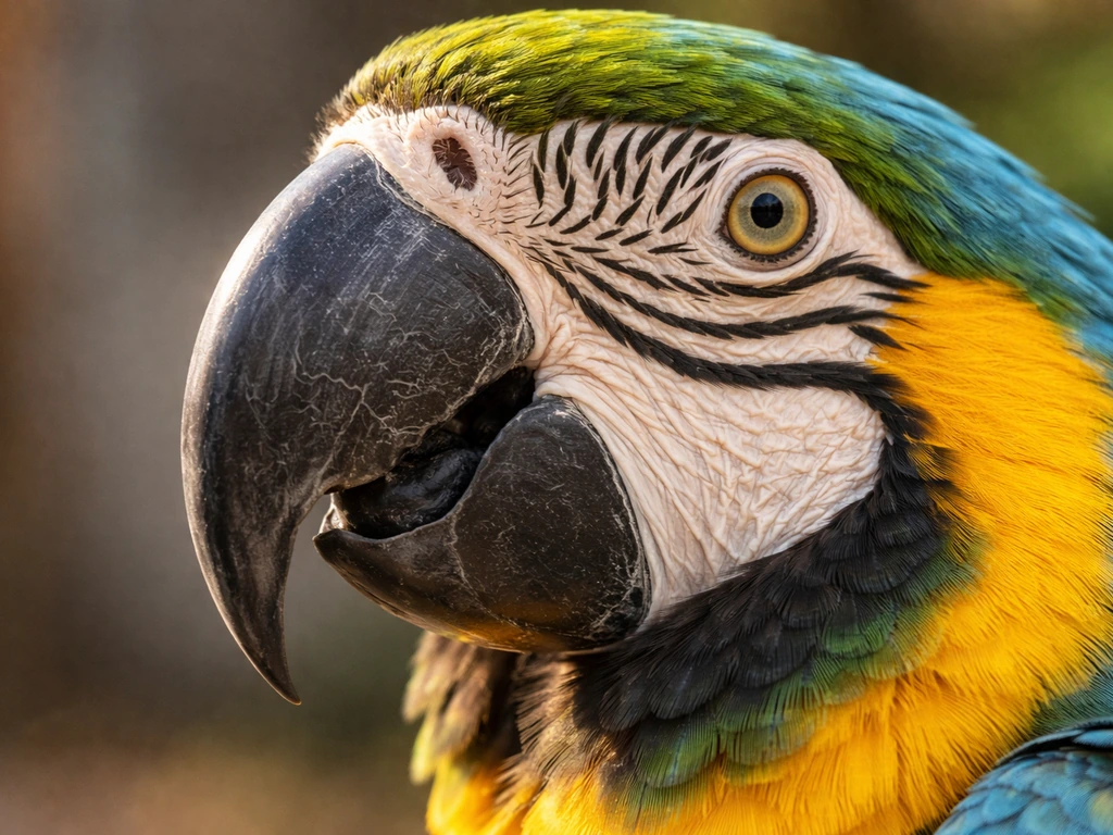 Close-up of a macaw’s curved hooked beak and surrounding face skin