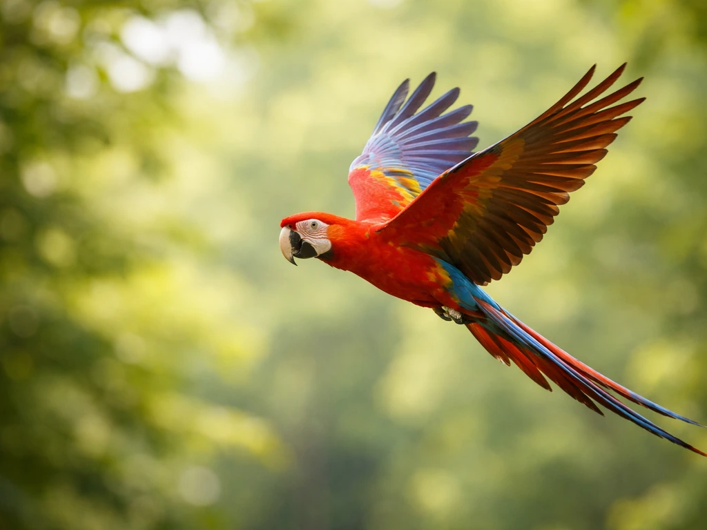 Side view of a macaw in flight with broad, pointed, streamlined wings over a softly blurred forest.