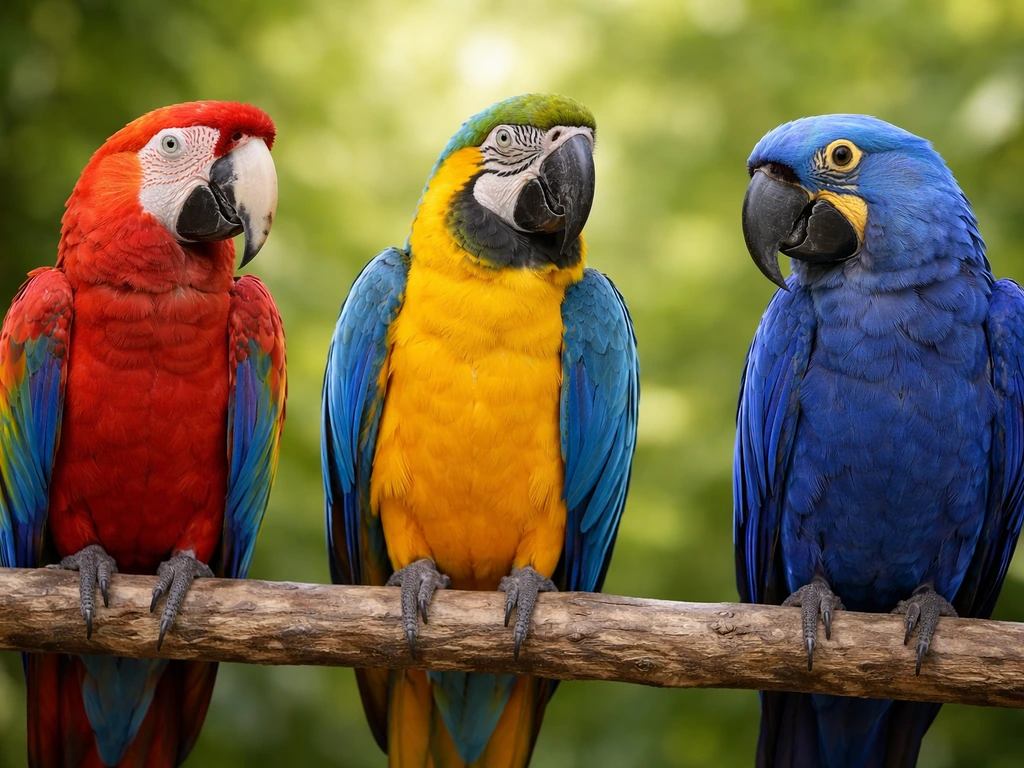 Three macaws on a simple branch, showing distinct dominant colors for easy species comparison.