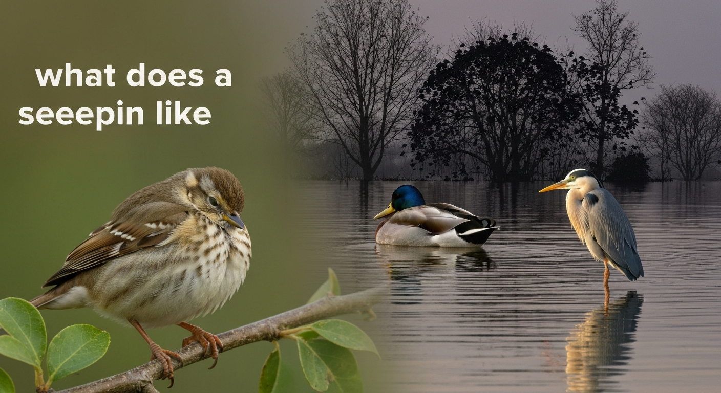 Composite photorealistic scene showing a head-tucked, fluffed songbird on a branch, a duck sleeping on water, a heron on one leg, and a distant starling roost at dusk.