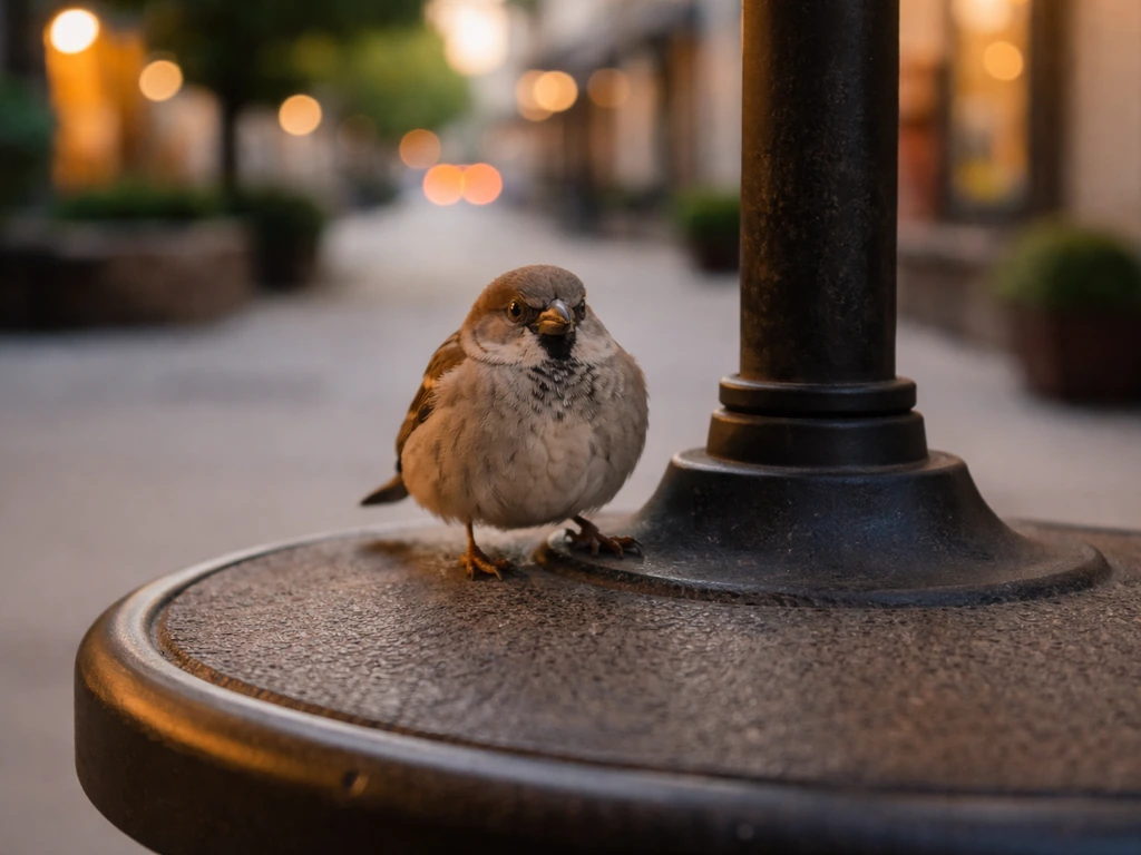 House Sparrow perched on an outdoor cafe table umbrella base at street level, softly blurred background.