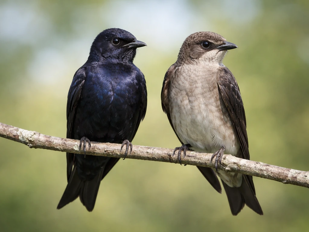 Side-by-side photo of adult male and female purple martins on a branch, showing dark male vs dull gray-brown female.