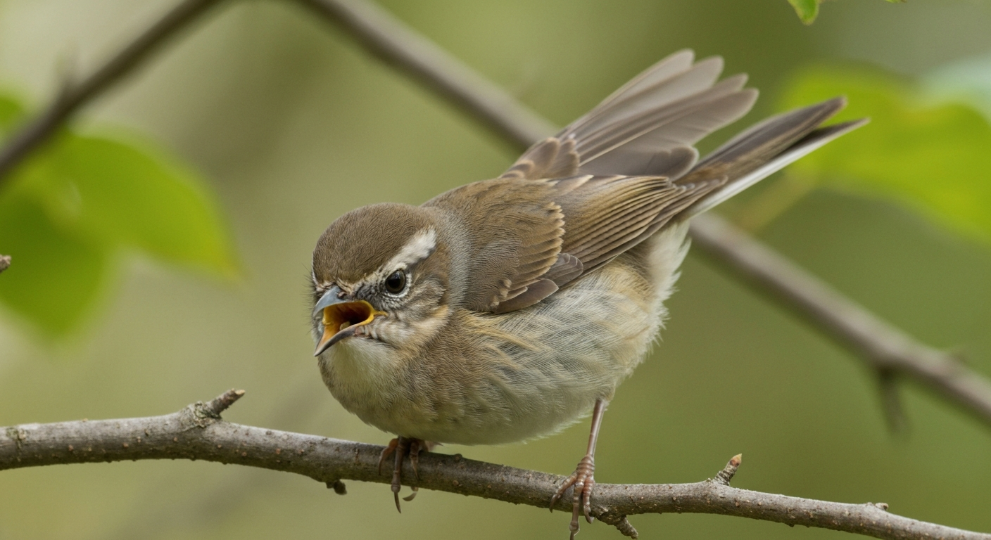 Three-quarter view of a small songbird leaning forward with puffed chest, half-spread wings, fanned tail and an intense fixed stare.