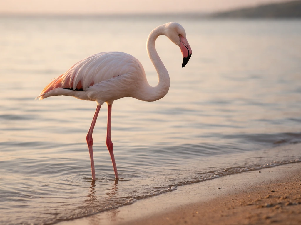 Pink long-legged bird wading in shallow lagoon water, clear head and neck for flamingo look-alike ID.