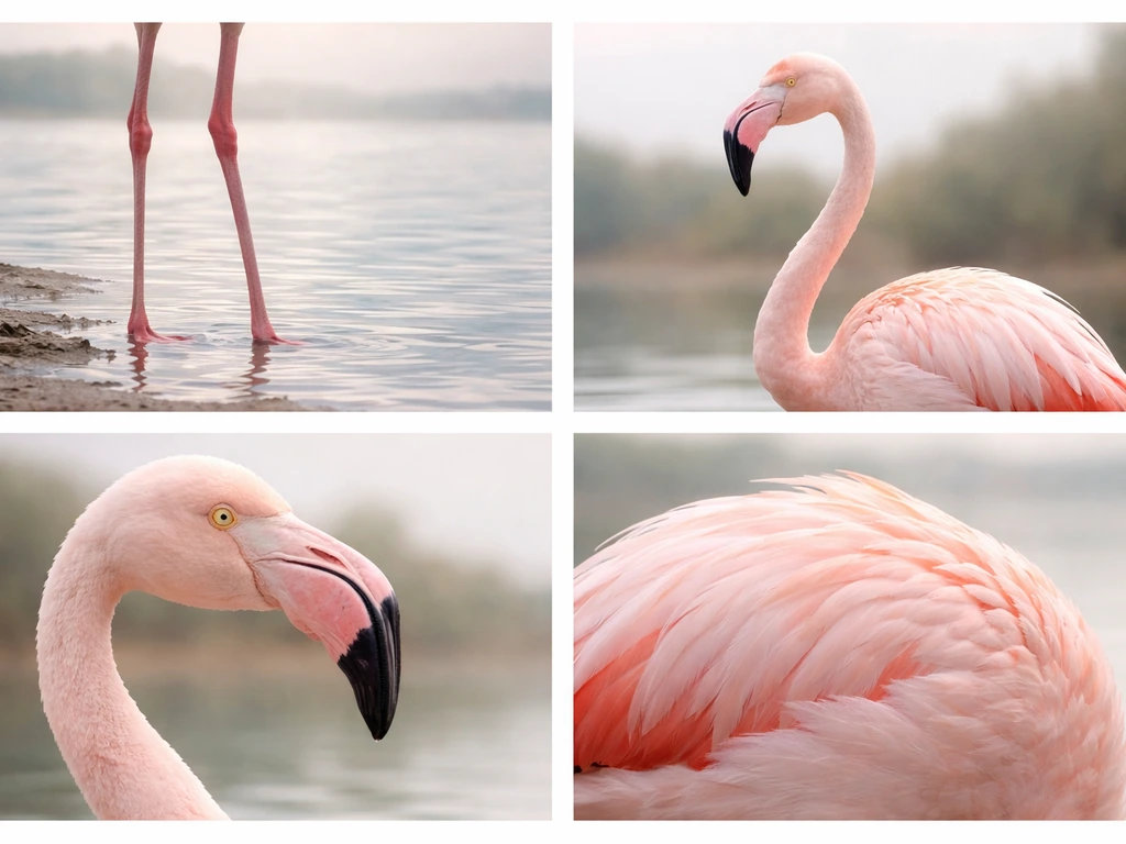 Four photo-style flamingo trait views: long legs, upright neck, bill profile, and pink-feather look.