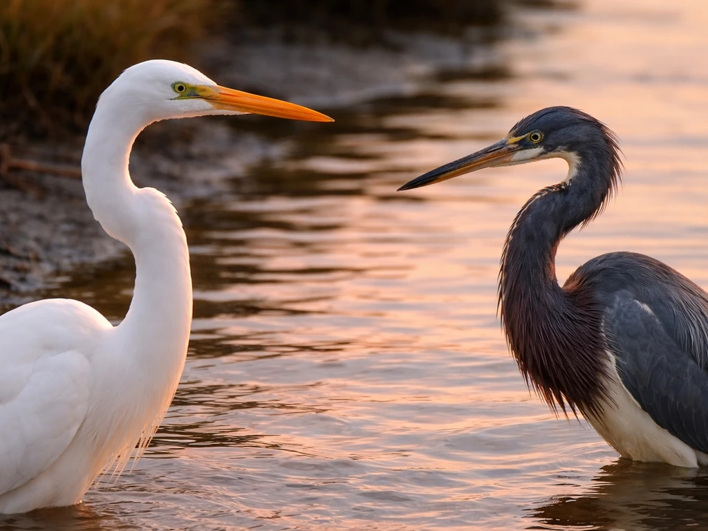Golden-hour close-up of a Great Egret and Tricolored Heron over pinky reflected water.