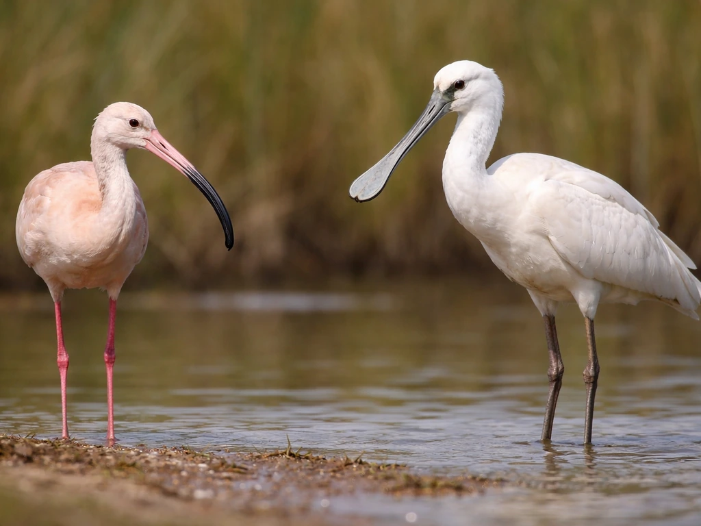 Close-up of two birds’ legs and bill angles: side-on flamingo-like bill vs spoonbill-like flat bill