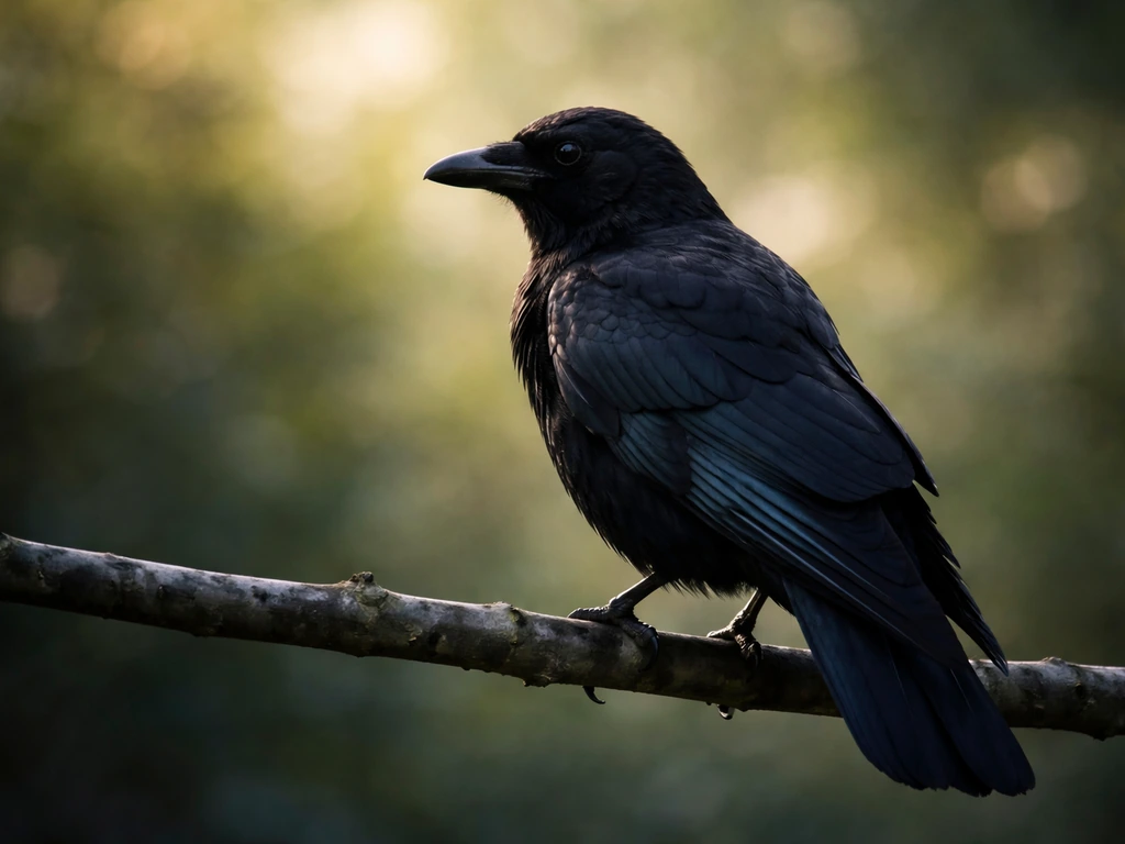 Close-up of a silhouetted black bird on a branch with faint iridescent feather sheen.