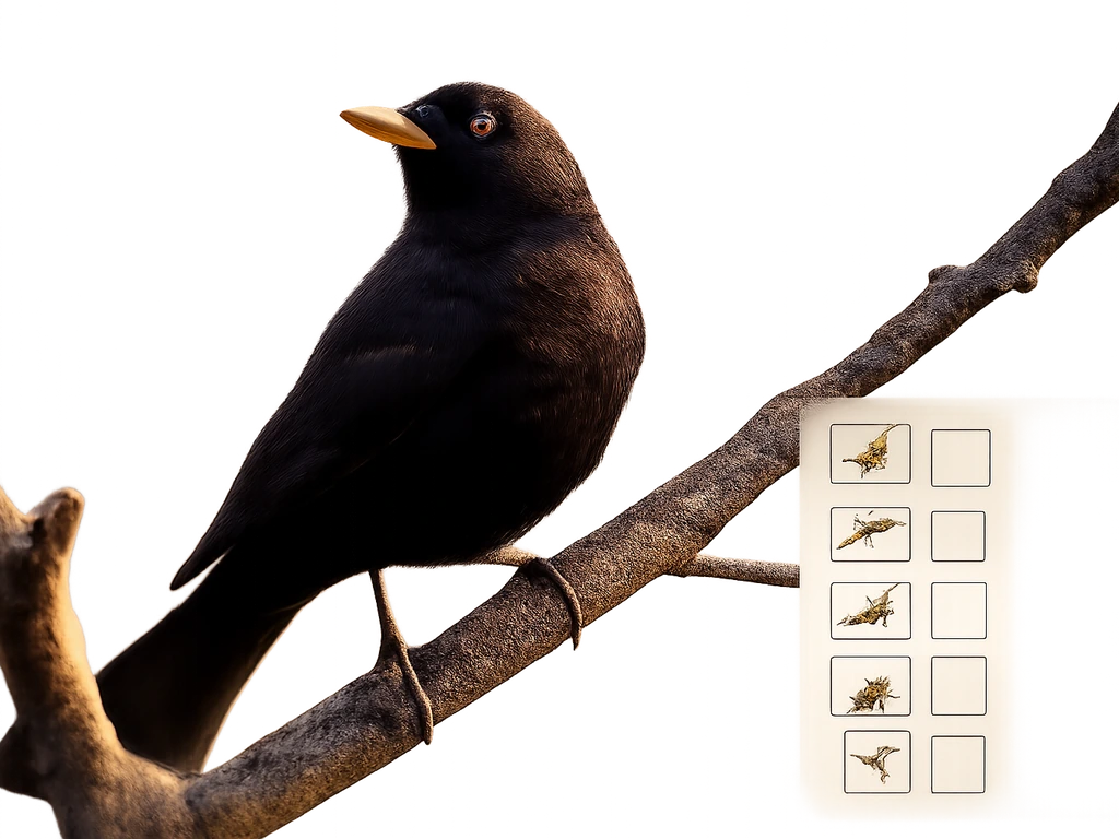 Black bird perched on a branch with subtle feather iridescence and a minimal five-icon checklist overlay.