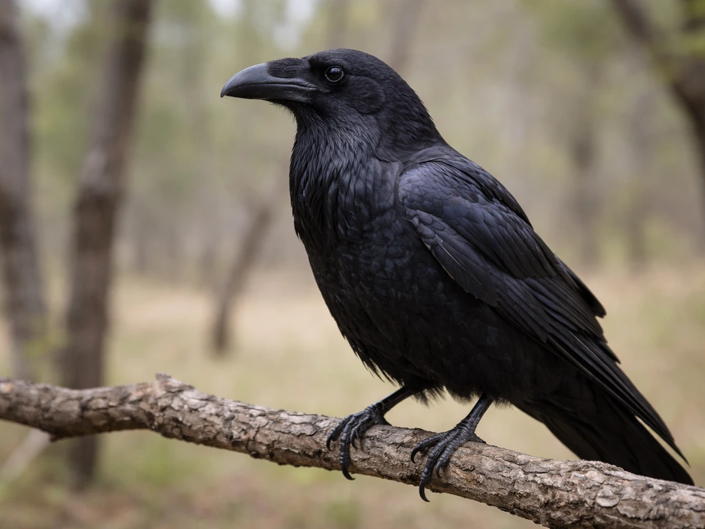 Common raven perched on a branch, showing its large body and heavy curved bill.