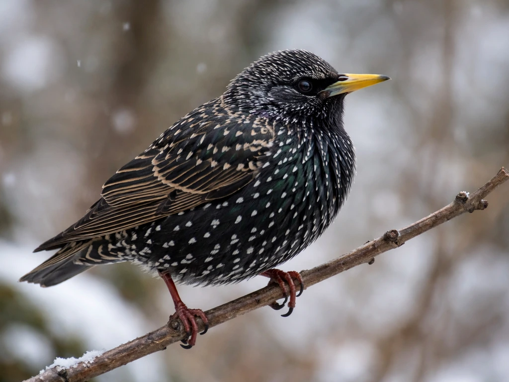 European starling perched on a twig, dark speckled black plumage and pointed bill in winter light.