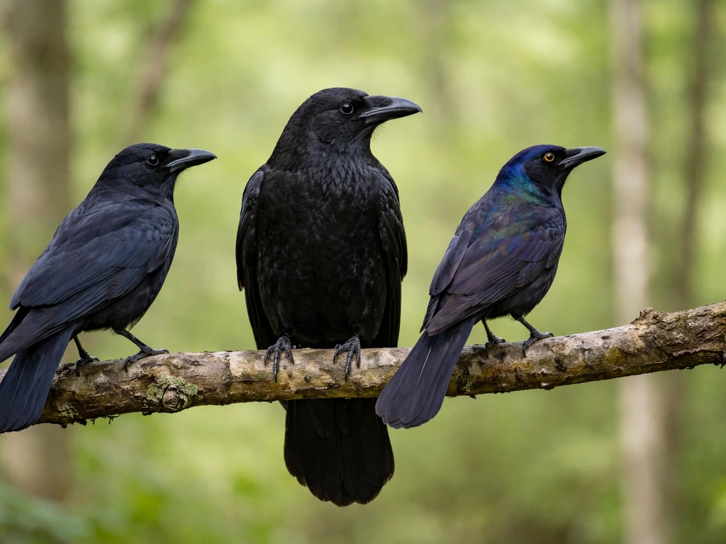 Three silhouetted black birds on a simple branch, shown side-by-side for tail and bill differences.
