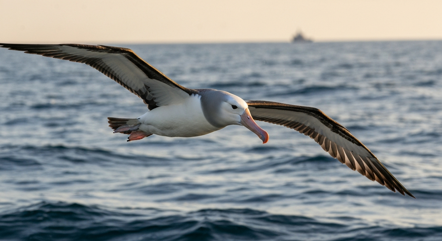 Wandering Albatross soaring low over the ocean with wings fully extended, showing long narrow wingspan and pale hooked bill.