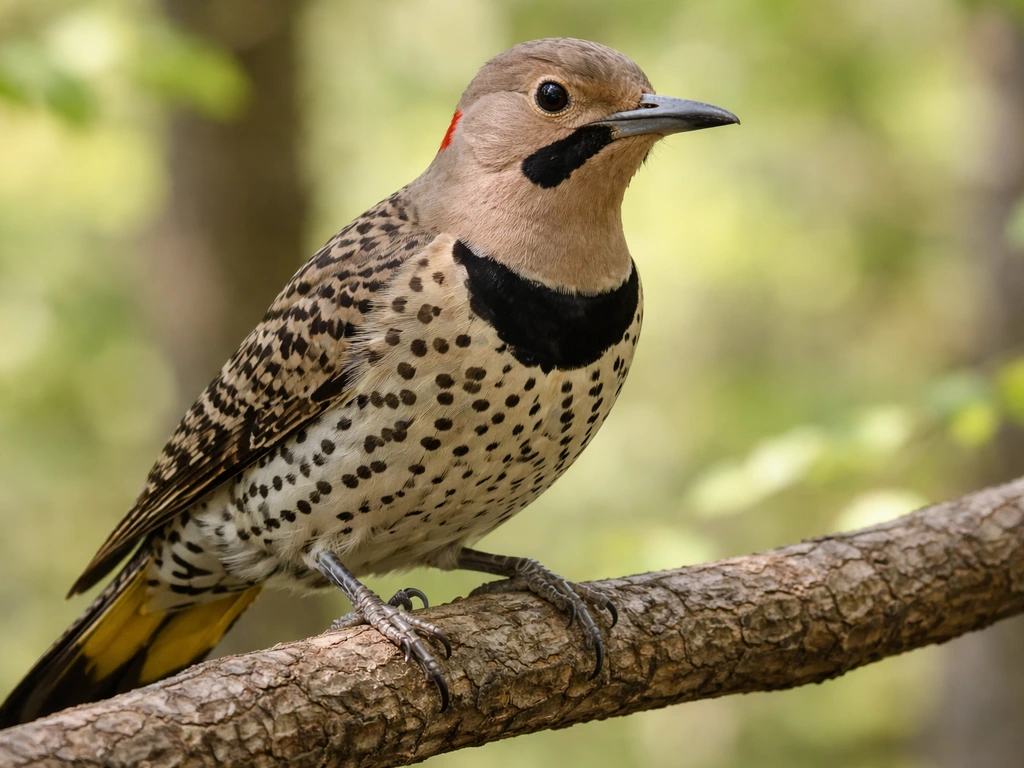 Northern Flicker perched on a branch, showing head pattern, wing barring, and patterned underside.