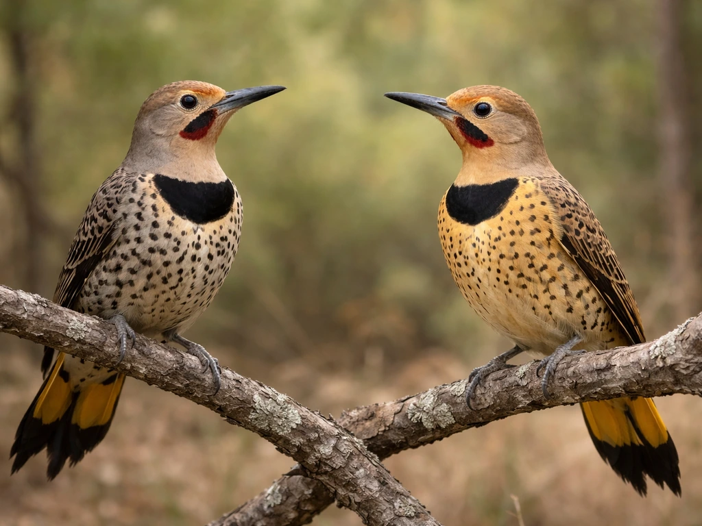 Side-by-side photo of a Northern Flicker and a Gilded Flicker perched on a branch in soft woodland light.