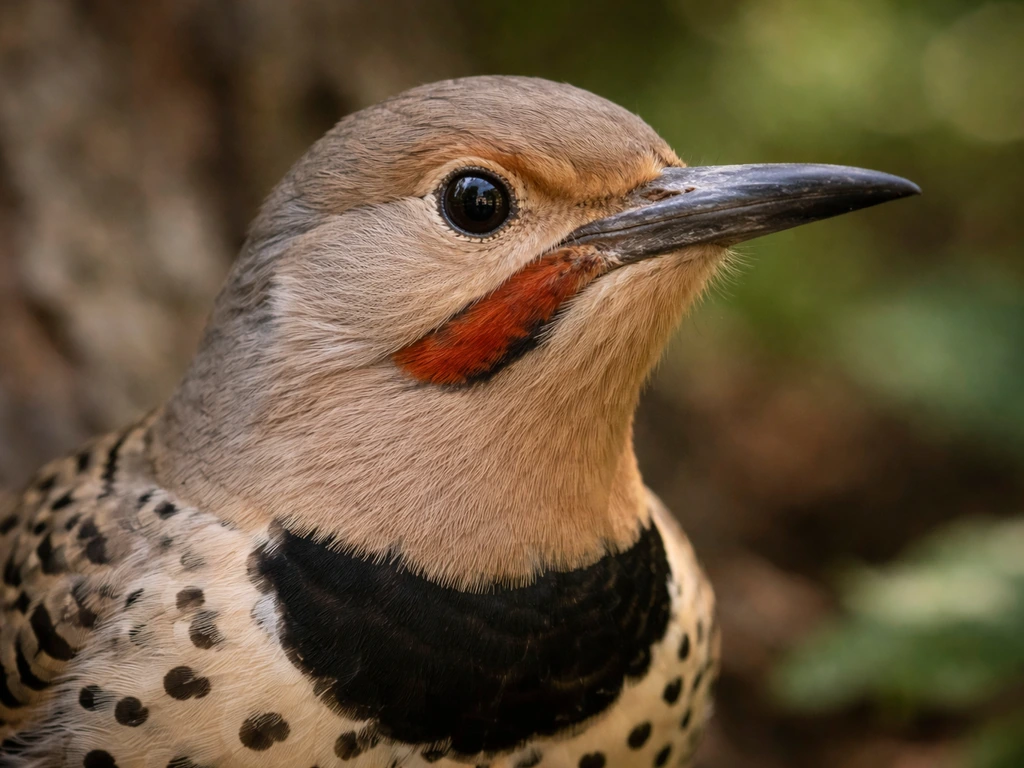 Close-up of a Northern Flicker’s head and bill showing crown and face markings in natural light.