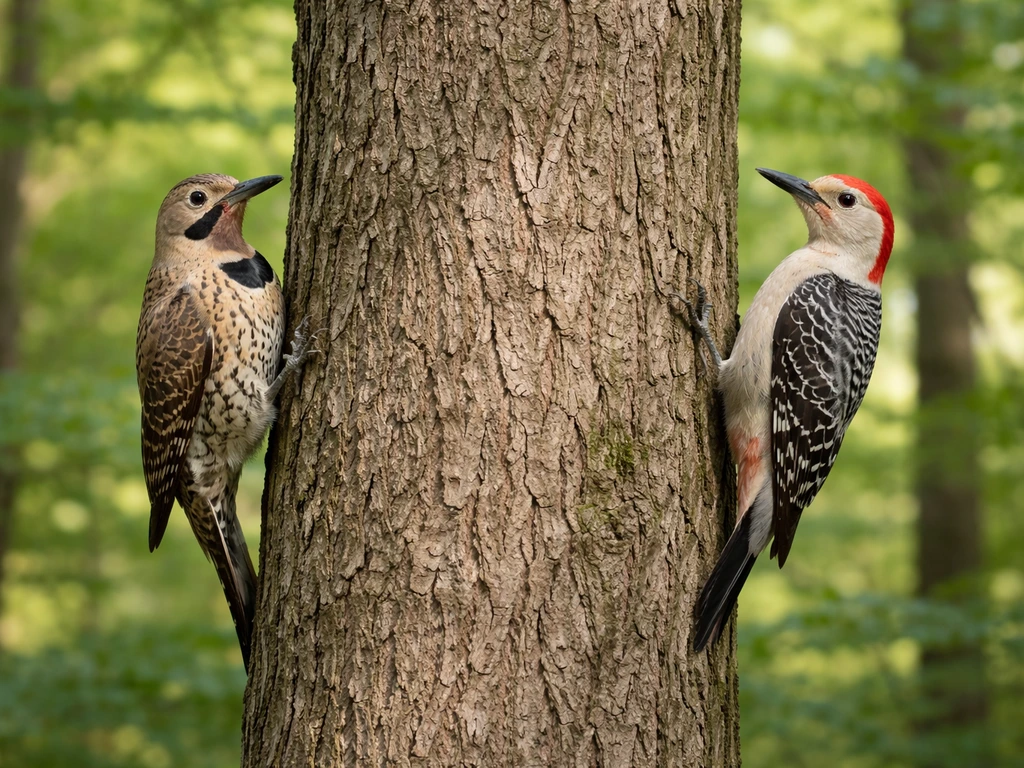 Two woodpeckers perched on a tree in a quiet forest, showing contrasting markings for easy field ID.