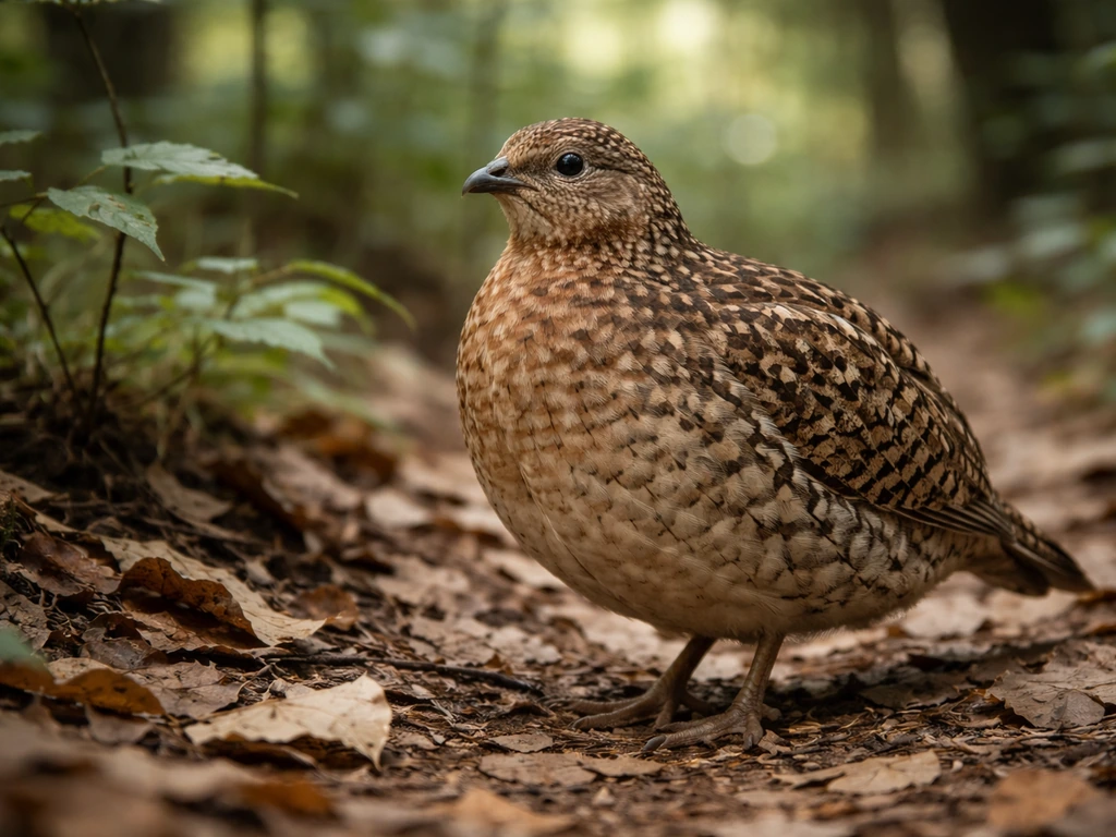 A partridge-type ground bird perched on leaf litter in woodland, showing round body and short tail