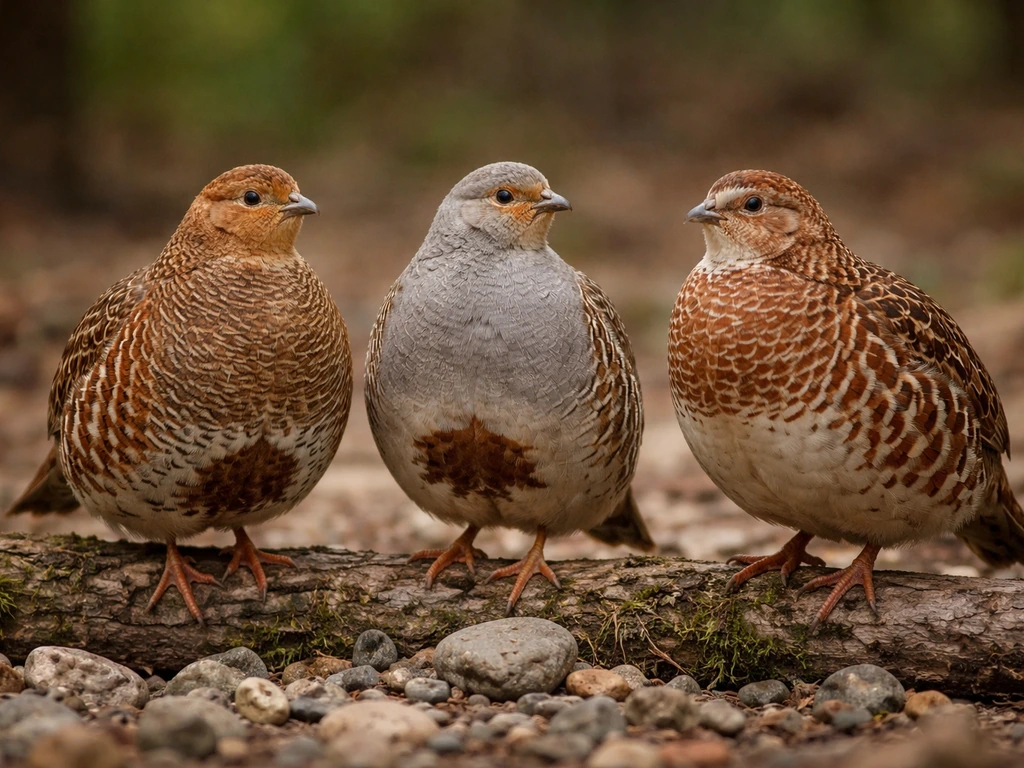 Three different small ground birds perched side by side, suggesting region-dependent meaning of “partridge”.