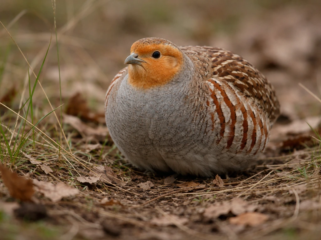 Close head-to-tail view of a Grey Partridge showing its glowing orange-buff face and pale gray breast.