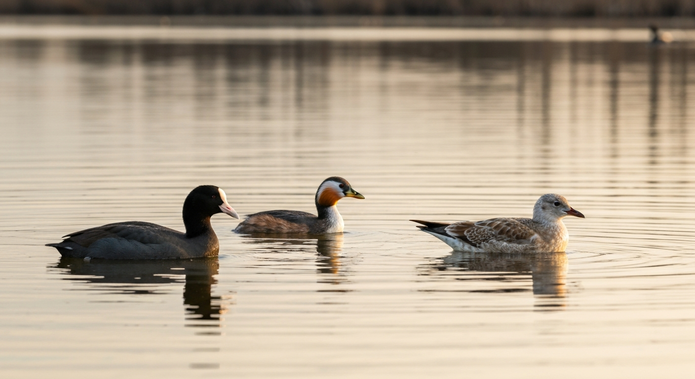Pond scene at golden hour with an American Coot, a Pied-billed Grebe, a moorhen by the reeds, and a juvenile gull on the water for scale and comparison.